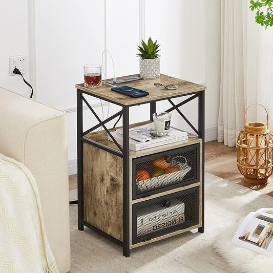 VECELO Grey End Table with USB Ports and Outlets,24 Inch Nightstands with Charging Station and Storage Shelf for Bedroom,Living Room, 2 Set