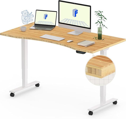 FLEXISPOT E6 MAX Bamboo Dual Motor 48x24 Inch 3-Stage Heavy Duty Standing Desk, 330lbs Weight Capacity, Height Adjustable Desk w/Cable Management & Wheels (Solid Bamboo Curved Desktop + White Frame)