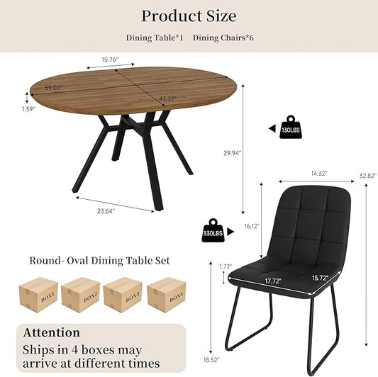 Extendable Round Dining Table Set for 6 People, 43.3"-59.1" Extendable Kitchen Table with 6 Upholstered Chairs, Space Saving for Kitchen Dining Room (Walnut Table+6 U-Shaped Black Chairs)