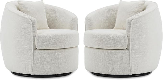 Swivel Accent Chair Set of 2, Modern Upholstered Boucle Barrel Arm Chairs with Pillow for Living Room, 360 Degree Round Swivel Sherpa Armchair with Round Base for Bedroom Club (2, Cream)