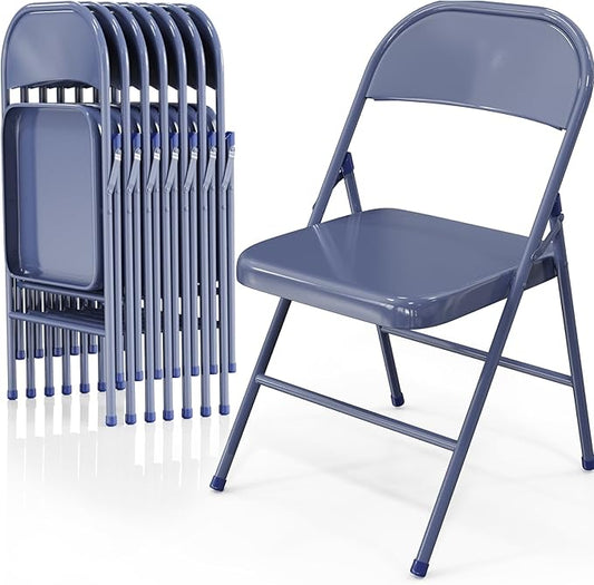 VINGLI Folding Chairs All Steel Metal Frame, Capacity 350 lbs, Durable Portable and Versatile for Indoor Outdoor Use, Darkblue, Set of 8