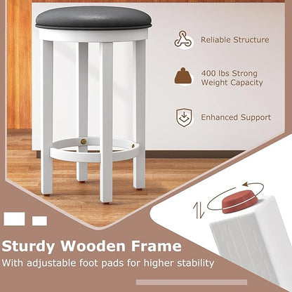 COSTWAY Upholstered Bar Stools Set of 4, 25” Counter Height Bar Chairs with Padded Cushion & Wooden Frame, Faux Leather Backless Stools for Kitchen, Dining Room, Pub, White + Grey