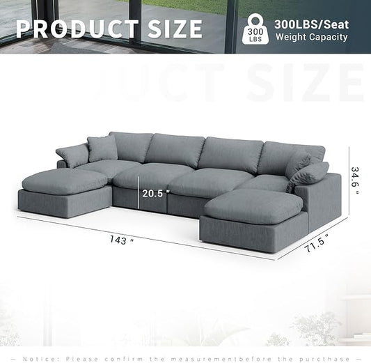Modular Sectional Sofa Cloud Couch,Down Filled Comfy Cloud Modern Sofa,Light Blue Linen U Shape 6 Seater Oversized Couch Cushion Covers Removable for Living Room