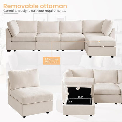 TEKAMON 96" Modular Sectional Sofa,Large Comfy Cloud 3-Seat Deep Seat,Reversible Chaise Modular Sectional Couches for Living Room and Apartmenr,Beige