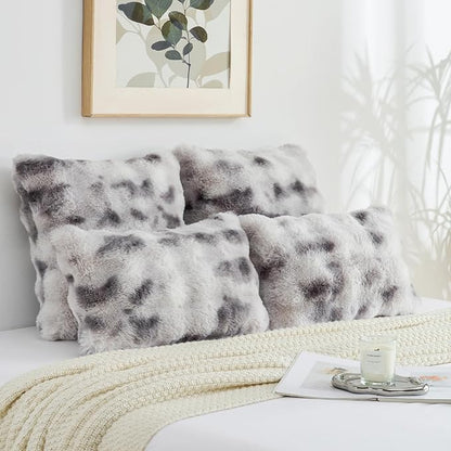 FUTEI Grey White Decorative Throw Pillow Covers 20x20 Inch Set of 2,Soft Fuzzy Faux Rabbit Fur Cushion Covers with Raised Texture,Neutral Boho Home Decor for Couch Bed Living Room