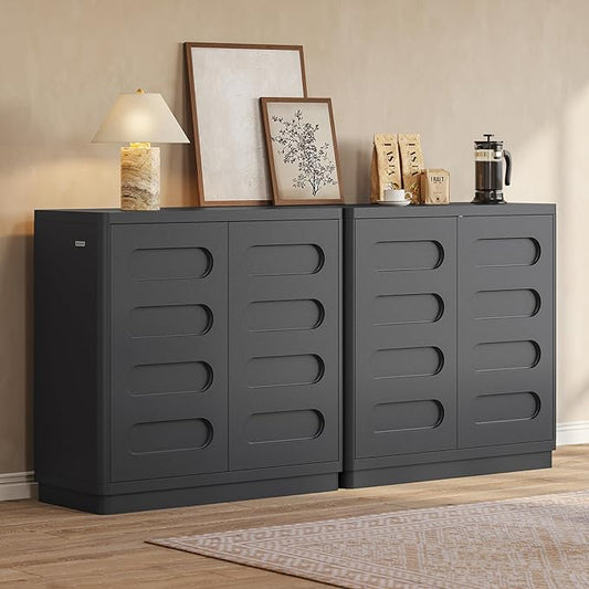 Buffet Cabinet Set of 2 with Storage, Arc Accent Sideboard with 2 Doors and Adjustable Shelves, Large Console Table for Dining Room, Kitchen, Living Room, Black