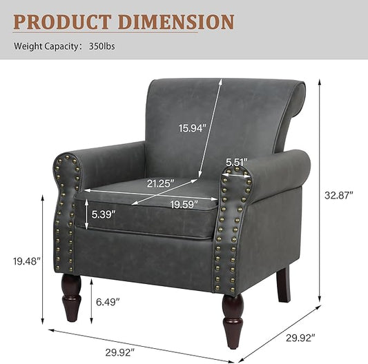 Accent Chair, Mid Century Modern Faux Leather Arm Chair with Wood Leg for Living Room, Bedroom, Comfy PU Leather Club Reading Chairs with Wingback & Nailhead Trim (Leather Black Grey, Set of 2)