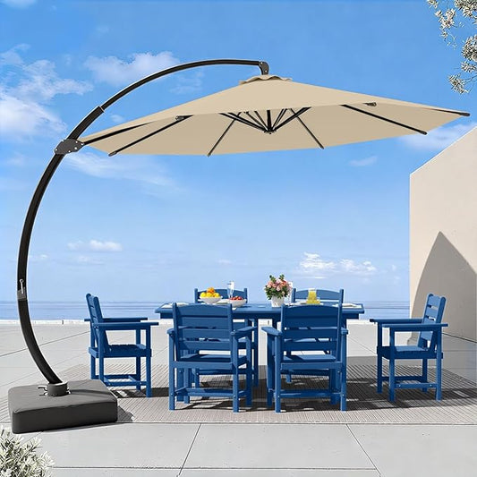 7 Piece Patio Dining Set with 11ft Patio Umbrella (Beige), 7 Navy Outdoor HDPE Dining Set with 6 Chairs + 1 Large Table with 2" Umbrella Hole, for Market, Pool, Garden, Backyard, Deck