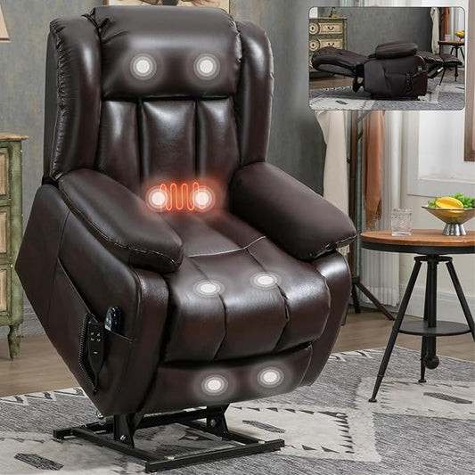 Luxlen Electric Power Lift Recliner Chair with Vibration Massage and Heat, Faux Leather Reclining Chairs for Elderly with Remote Controls, Side Pockets, Big and Tall Recliner, Brown