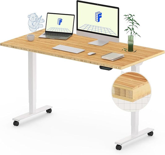 FLEXISPOT E6 MAX Bamboo Dual Motor 48x24 Inch 3-Stage Heavy Duty Standing Desk, 330lbs Weight Capacity, Height Adjustable Desk w/Cable Management & Wheels (Solid Bamboo Desktop + White Frame)