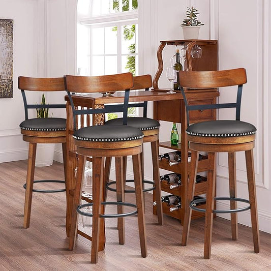 COSTWAY Bar Stools Set of 4, 360-Degree Swivel Stools with Leather Padded Seat, Single Slat Ladder Back & Solid Rubber Wood Legs, Bar Height Stools for Pub, Restaurant, Kitchen, Brown (4, 30.5)