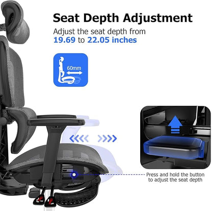 PatioMage Ergonomic Office Chair, Big and Tall Desk Chair with Adjustable Lumbar Support & Seat Depth, High Back Computer Chair, Swivel Mesh Chairs with Wheels for Home Office, Darkgrey