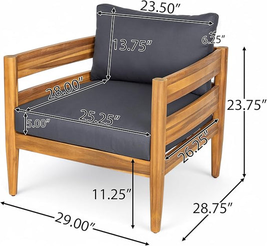 Christopher Knight Home Annie Acacia Wood Outdoor Chairs Set of 2, Patio Lounge Chair Outdoor with Slatted Back, Accent Chair with Cushions, Stylish Armchair for Balcony/Garden, Dark Gray + Teak
