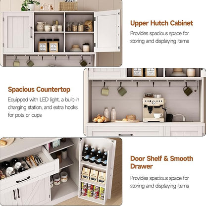 ONBRILL 71" Pantry Cabinet, Kitchen Pantry Storage Cabinet with LED Light & Outlet, Kitchen Hutch with Microwave Shelf & 6 Hooks, Door Shelves & Drawer & Adjustable Shelves, for Dining Room