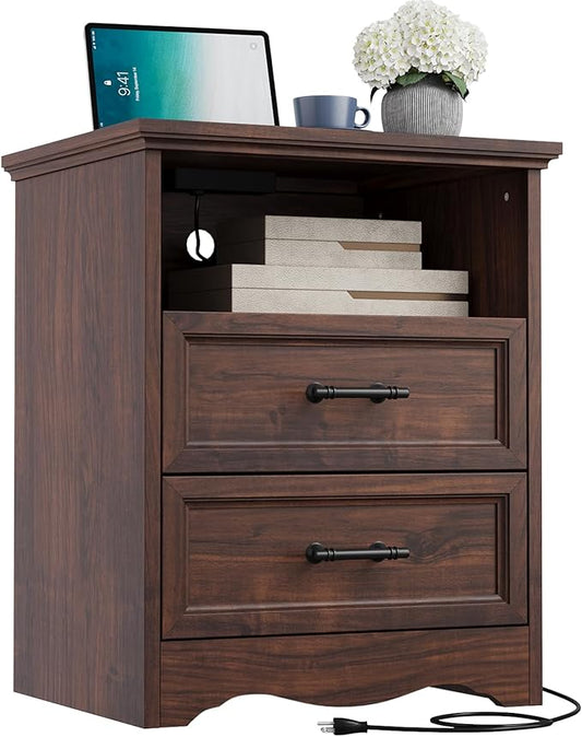 Walnut Nightstand with Charging Station, Farmhouse End Table with 2 Drawers and Open Shelf, Bedside Table with Space-Saving Storage Cabinet, Unique Base Design for Bedroom, Living Room