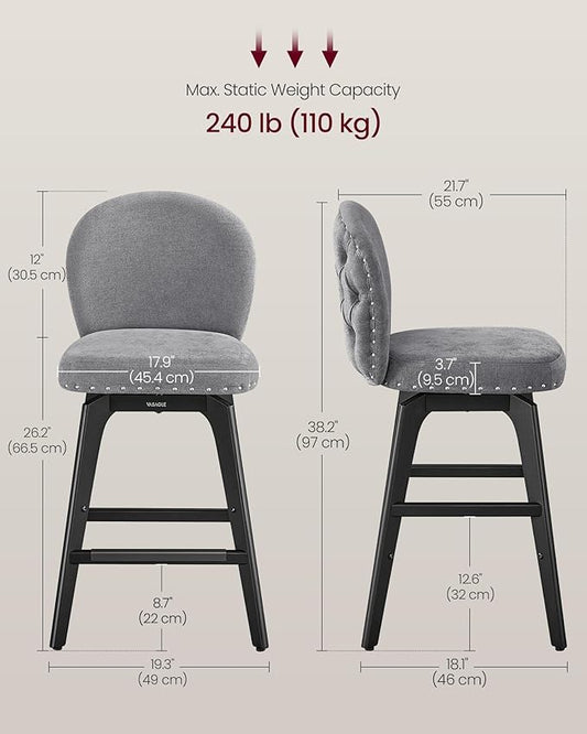 VASAGLE Bar Stools Set of 2, Swivel Counter Height Bar Stools with Back and Wood Legs, Chenille Fabric Upholstered Barstools, 26.2-Inch Tall Counter Barstools for Kitchen Island, Slate Gray