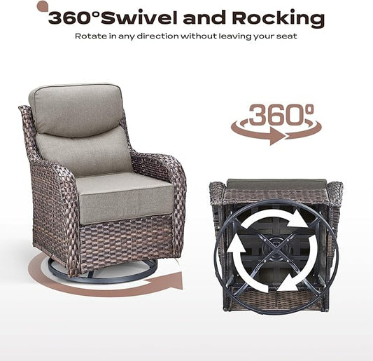 Rilyson Wicker Outdoor Patio Furniture Set - 6 Piece Patio Conversation Sets with Swivel Rocker Chairs, Ottomans, Sofa and Coffee Table, 6 inch Cushions, Deep Seating, for Porch Deck Brown/Beige
