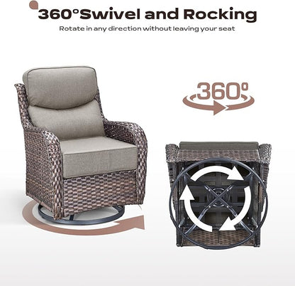 Rilyson Patio Outdoor Swivel Rocker Chairs Set of 2, Waterproof Wicker, High Back, Deep Seating, Wide Armrest, Upgraded 6 inch Thick Cushions, Ideal for Deck Porch Backyard, Brown/Beige