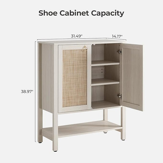 SICOTAS Shoe Cabinet with Storage - 3 Pieces Farmhouse Shoe Organizer with Rattan Doors & Shelves, 5 Tier Free Standing Shoe Rack Storage Cabinet for Entryway, Living Room, Closet (White Cream Oak)