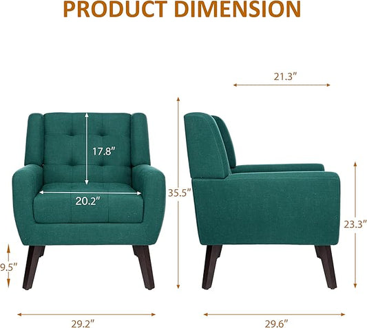 Accent Chair, Mid-Century Modern Upholstered Armchair, Comfy Fabric Living Room Chairs Reading Chairs with Button Tufted Back & Solid Wood Legs for Bedroom, Office, Light Blue