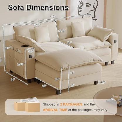 Cloud Couch, Modular Sectional Sofa with Ottoman, Charging Station, Throw Pillows, Cup Holders, Modern Convertible L Shaped Couches for Living Room, Bedroom (White, 116"- L Shape)