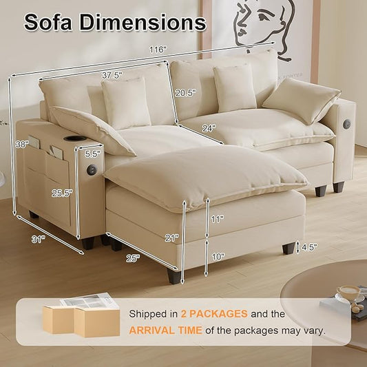 Cloud Couch, Modular Sectional Sofa with Ottoman, Charging Station, Throw Pillows, Cup Holders, Modern Convertible L Shaped Couches for Living Room, Bedroom (White, 116"- L Shape)