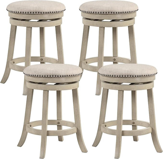 COSTWAY 360° Swivel Bar Stools Set of 4, 26.5-inch Height Upholstered Round Barstools with Wooden Frame, Seat and Footrest, Backless Solid Wood Counter Stools for Kitchen Island Bistro Pub, Beige