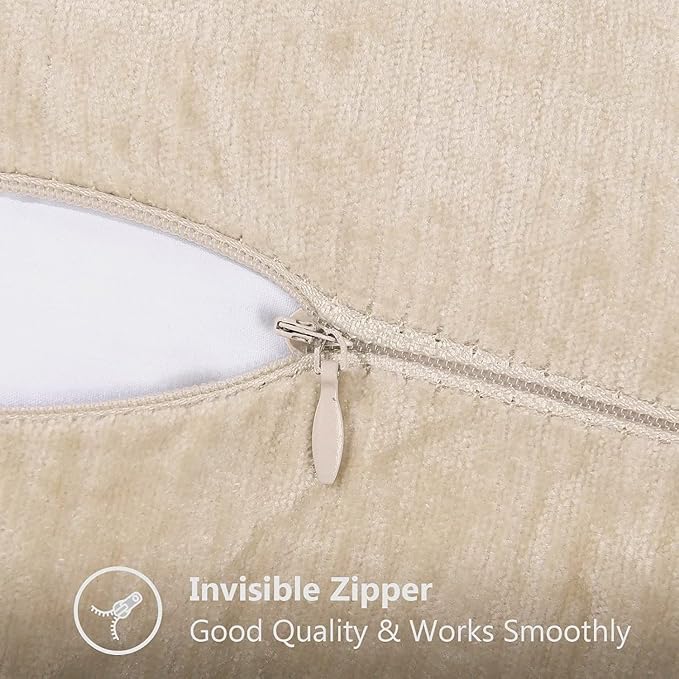 decorUhome Chenille Soft Throw Pillow Covers 16x16 Set of 2, Farmhouse Velvet Neutral Decorative Euro Pillow Covers with Stitched Edge for Couch Sofa Bed Home Decor, Beige