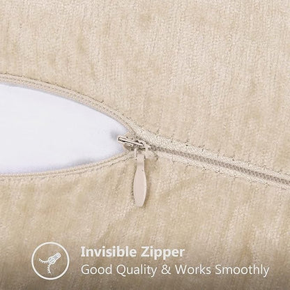 decorUhome Chenille Soft Throw Pillow Covers 16x16 Set of 2, Farmhouse Velvet Neutral Decorative Euro Pillow Covers with Stitched Edge for Couch Sofa Bed Home Decor, Beige