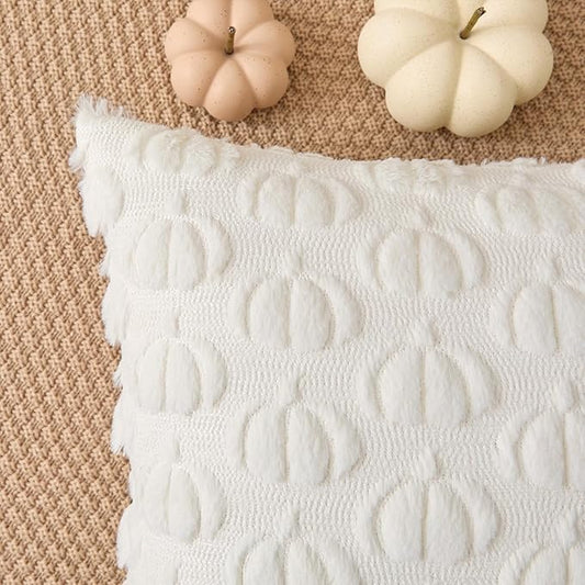 Kevin Textile Fall Pumpkins Pillow Covers 18x18 Inch Set of 2 Cute Autumn Decorative Square Pillowcases Soft Faux Fur Cushions Harvest Gift for Couch Sofa Chair Bedroom Home Decor, Cream White