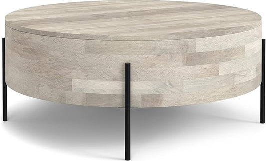 SIMPLIHOME Rayburn Drum Coffee Table - 38 inch Wide Solid Mango Wood Round Living Room Table in White Wash, Modern Urban Center Table for Family Room with Black Metal Legs and Large Surface