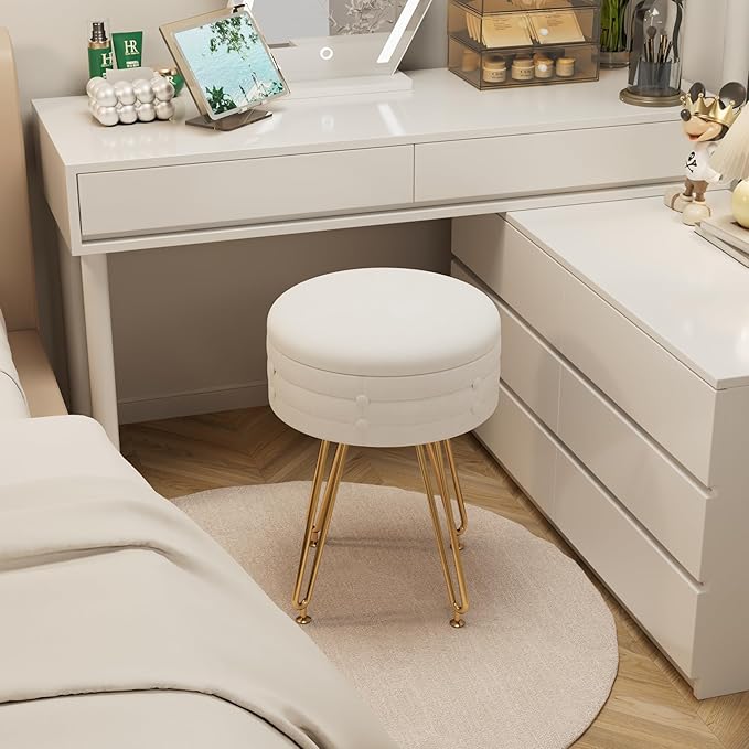 VECELO Round Vevlet Vanity Stool with Storage, 4 Metal Legs Vanity Seat with Anti-Slip Feet, Modern Vanity Chairs Footrest Furry Padded Seat, Space Saving, Easy to Clean for Makeup, Bedroom, White