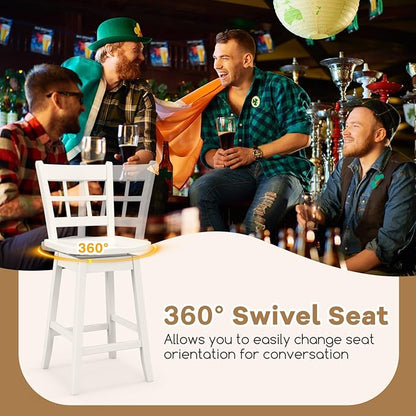 COSTWAY Swivel Bar Stools Set of 4, 24.5 Inch Counter Height Bar Chairs w/Hollow Backrest & Contoured Seat, Wooden Barstools w/Footrest for Kitchen Island, Pub, Bistro, Cafe (4, White)