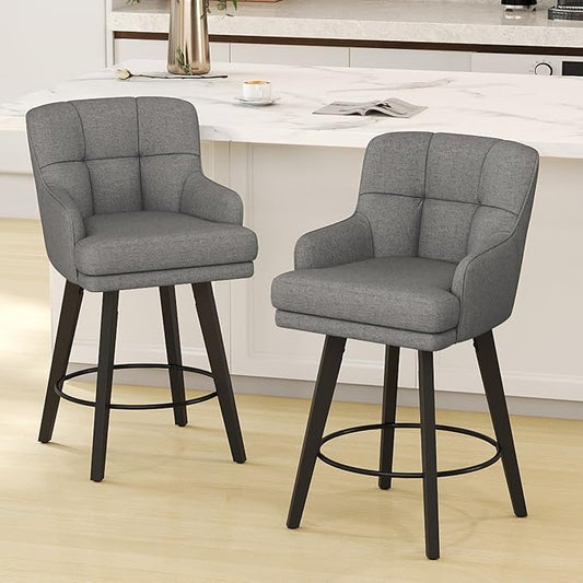 360°Swivel Counter Height Bar Stools with Back, 26 inch Solid Wood Legs, Bar Stool Modern Kitchen Island Chairs, Fabric (Mid-Grey- Fabric, 26" H- Set of 2)