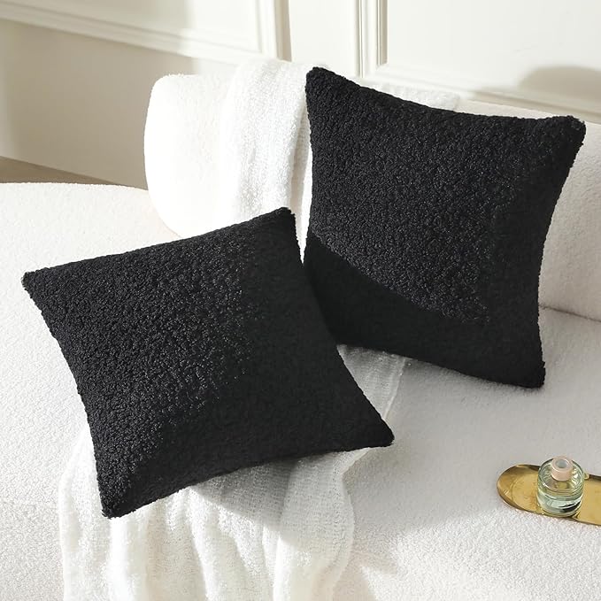 FUTEI Black Throw Pillow Covers 26x26 Inch Set of 2,Furry Faux Fur Teddy Boucle Textured Cushion Covers,Soft Fluffy Decorative Euro Pillow Shams,Home Decor for Couch Bed Living Room Office Car