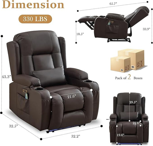 URRED Power Recliner Chair with Massage and Heat for Adults, Electric Reclining Sofa Home Theater Seating with Ambient Light, USB Ports, Cup Holders, Side Pockets, Pillow, Faux Leather, Brown