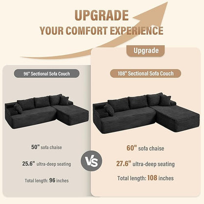 Hobestluk Modular Sectional Couch Sofa, 108" Boneless Couches for Living Room, Memory Foam Sectional Couch with Oversized Chaise,L-Shape Couches (Black, Right Facing)