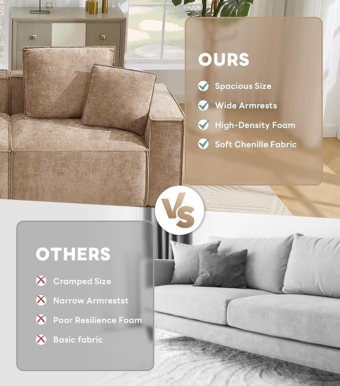 WILLOVE Modular Sectional Sofa Set, Chenille Cloud Couch with Wide Armrests & 8 Pillows, Deep Seat Couches for Living Room, 4-Seater Khaki