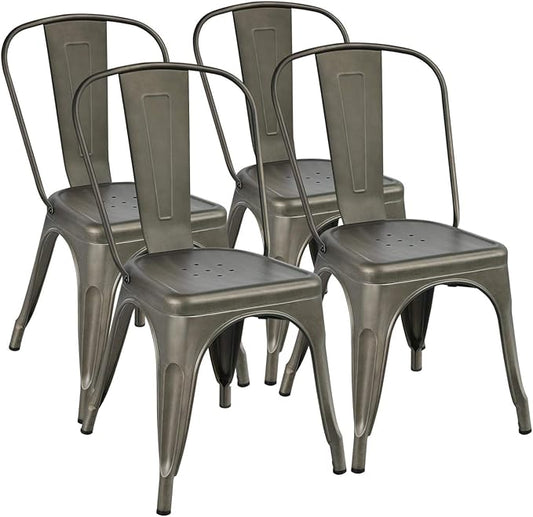 Yaheetech Metal Dining Chairs Set of 4, Industrial Stackable Kitchen Chairs with Back for Dining Room/Restaurant/Bistro/Patio, Indoor & Outdoor Use, Gun Metal