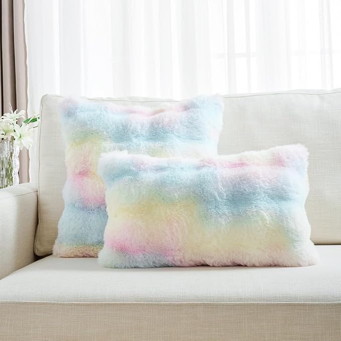 FUTEI Rainbow Decorative Throw Pillow Covers 24x24 Inch Set of 2,Soft Fuzzy Faux Rabbit Fur European Cushion Covers with Raised Texture,Neutral Boho Home Decor for Couch Bed Living Room