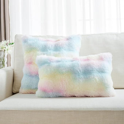 FUTEI Rainbow Decorative Throw Pillow Covers 16x16 Inch Set of 2,Soft Fuzzy Faux Rabbit Fur Cushion Covers with Raised Texture,Neutral Boho Home Decor for Couch Bed Living Room