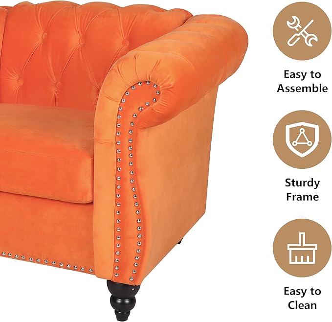 2 Piece Living Room Furniture Set, Velvet Loveseat and Chair Set, Mid Century Modern Upholstered Sofa Couch with Cushions, Comfy Tufted Chesterfield Couches for Living Room, Bedroom, Office