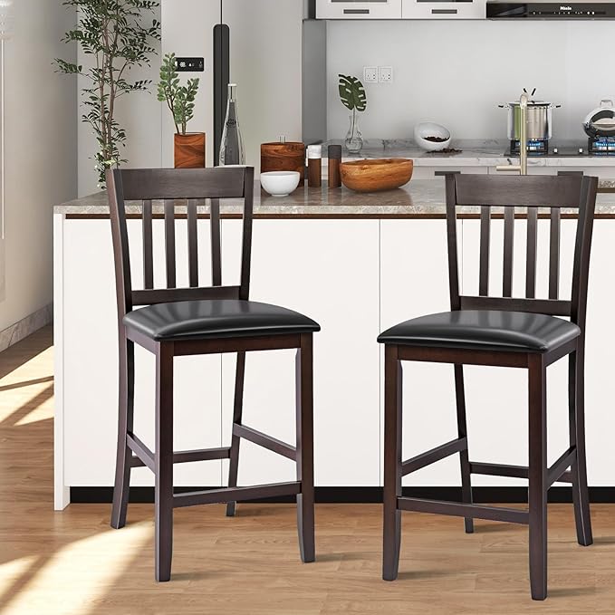 COSTWAY Counter Height Bar Stools Set of 2, 25'' Wooden Pub Chairs with PU Leather Seat, Mid Century Modern Upholstered Island Chairs for Kitchen, Living Room, Dining Room, Bar