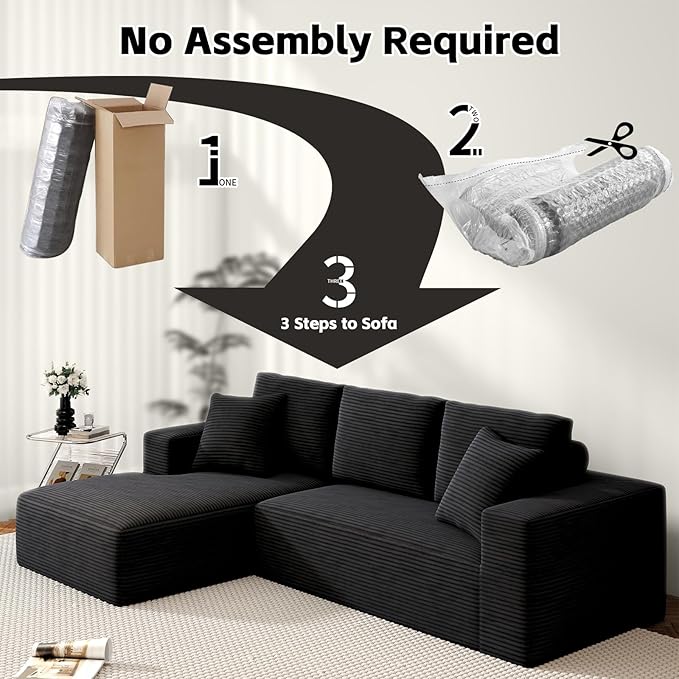 107" Boneless Couch, Sectional Couchs for Living Room & Bedroom, Cloud Couch with L-Shape Chaise Modern Modular Sofa with Deep Seat, No Assembly Required (Jet Black)