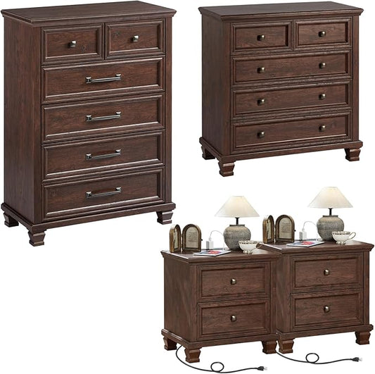 Farmhouse Bedroom Dresser and Nightstand Set of 4, 6 Drawer Tall & 5 Drawers Dresser & 2 Drawer Nightstand Set, Rustic Wood Bedroom Furniture Set for Livingroom, Hallway, Walnut