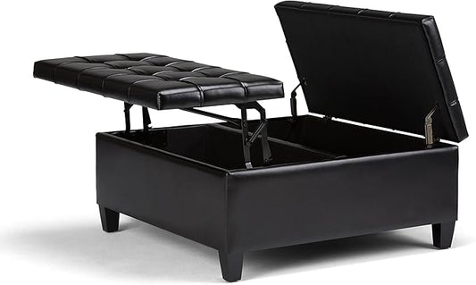 SIMPLIHOME Harrison 36 inch Wide Transitional Square Coffee Table Storage Ottoman in Midnight Black Vegan Faux Leather, Assembled, For the Living Room and Bedroom
