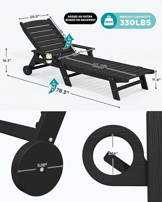 SERWALL Patio Chaise Lounge Chair Set of 2, 78'' Long 5-Positions Adjustable HDPE Outdoor Lounger for Pool, Poly Lounge Chair with Rolling Wheels & Cup Holder for Poolside, Deck, Obsidian Black