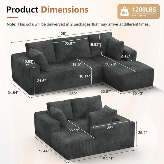 108” Cloud Sectional Couch, Modular Sectional Sofa with Deep Seat, Corduroy Boneless Couches with Chaise for Living Room Bedroom, No Assembly Required
