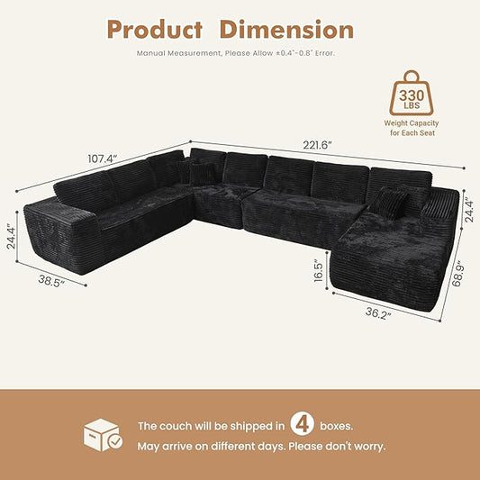 165.7'' U Shaped Sectional Couches for Living Room, Oversized Boneless Cloud Couch with Chaise, Modular Sofa Sets Deep Seat Plush Corduroy, No Assembly Required,Plush Corduroy,Black