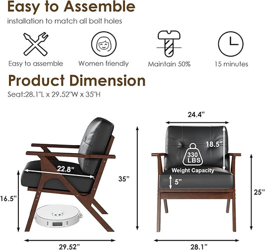 STHOUYN Black Leather Office Accent Chair with Wooden Arms, Office Lounge Chair, Mid Century Modern Chair, Side Arm Chairs for Living Room, Guest Waiting Room Chairs (1, Black)